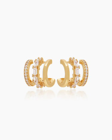 The Amara Huggies, gold illusion earrings that look like three earrings all in one