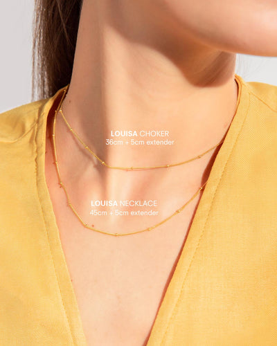 A labeled shot including the measurements of the Louisa Choker and Louisa Necklace