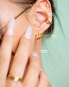 A labeled shot of the Chelsea Huggies, Beth Cuffs, and Heart Studs worn on a woman's ear
